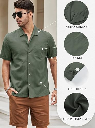 Jmierr Linen Shirts For Men Casual Cotton Hawaiian Button Down Beach Wear 2023 Cuban Collar Short Sleeve Cruise Shirts For Men With Pocket,Us 38(S),Green #TOP1