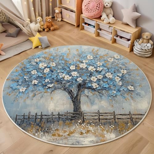 Tapis rond 120cm bleu décoration intérieur lavable et durable - 2