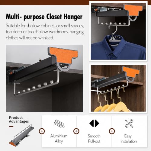 Image of Pull-Out Wardrobe Clothes Hanger Rail, Telescopic Sliding Closet Rod with Smooth Damping, Space-Saving Clothing Organizer for Shirts, Pants, Ties & Scarves, Aluminium Alloy - Grey