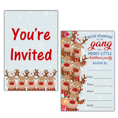 LyoGao Reindeer Christmas Party Invitations With Envelopes (20 Pack) - Reindeer Christmas Party Fill in Invites Cards for Xmas Winter Holiday