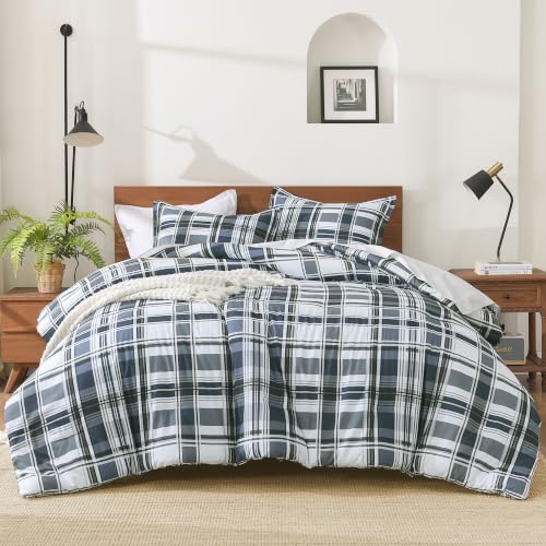 Image of Andency Navy Plaid Comforter Set Queen(90x90Inch), Gingham Checkered Grid Stripes Bedding Comforter Sets for Boys Girls Kids, 3 Pieces Preppy Geometric Line Soft Lightweight Reversible Bed Set as Gift