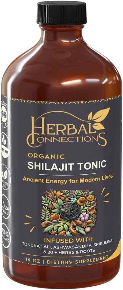 Organic Shilajit Tonic 16 oz | 32 Servings | 20-Herb Adaptogen Blend w/Ashwagandha, Maca, Spirulina & Turmeric | Liquid Energy, Hormone Balance & Detox Support | Vegan, Non-GMO