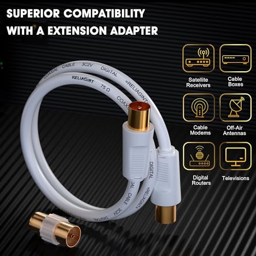 RELIAGINT TV Aerial Cable 1m – Pure Copper TV Coaxial Cable with Dual Shielding for Strong Signal – Straight to Straight – Female-to-Female Adapter Included – Fire-Resistant Aerial Connectors