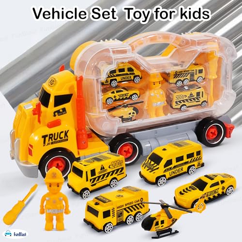 Image of FunBlast DIY Tool Truck Toy Set for Kids - 2-in-1 Construction Vehicle Set with Mini Cars, Helicopter, Tools & Carry Case, Role Play Toys for 3+ Year Boys & Girls (Multicolor)