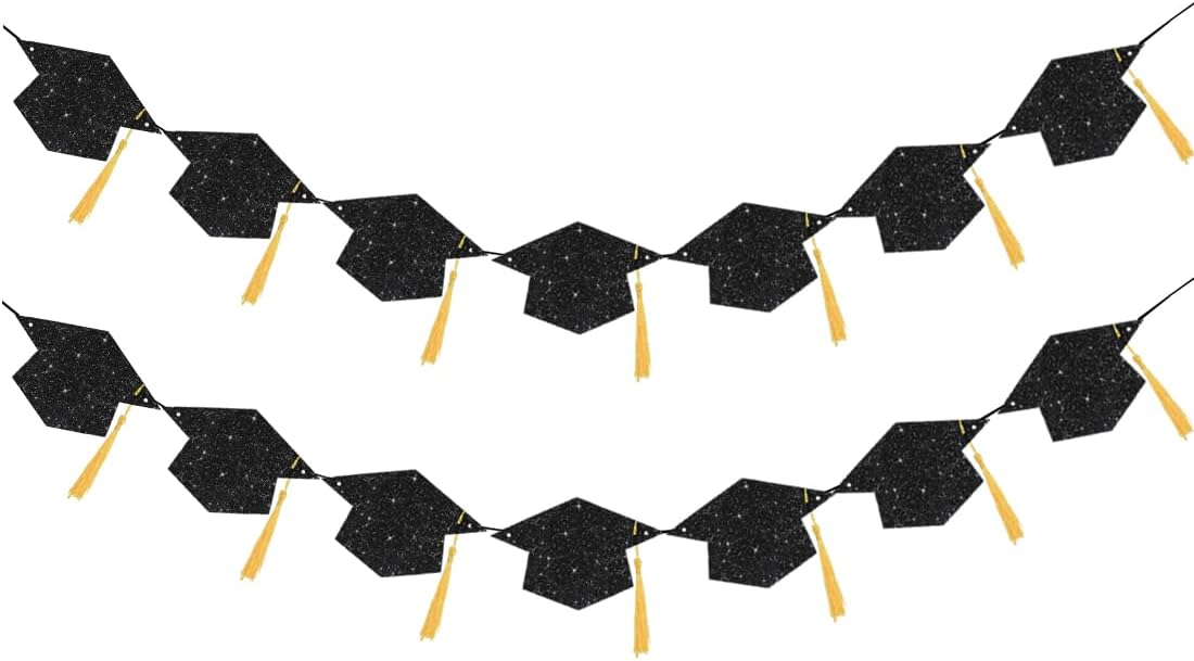 Graduation Decoration Banners 2025 Black Glitter Graduation Hats with Tassel ...