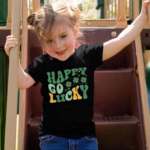 Image of St Patrick's Day Kids Shirt Happy Go Lucky T Shirt Lucky Graphic Shirts for Toddler Baby Girl Short Sleeve Tops