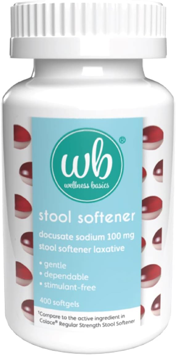 Wellness Basics - Stool Softener with Docusate Sodium (100mg - 400 Count) Two-Tone Softgel - Stimulant Laxative - Gentle Constipation Relief