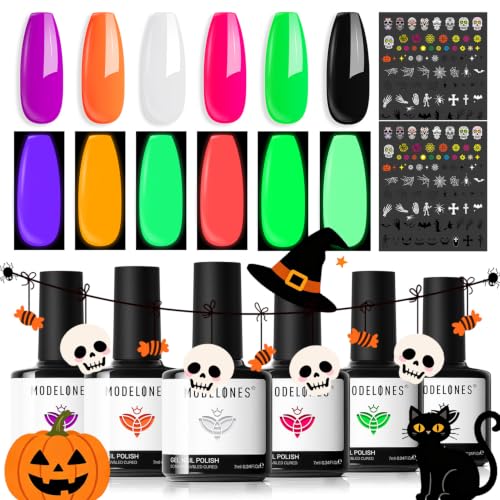 Image of modelones Halloween Gel Nail Set 6Colors Glow in the Dark Blak Green Red