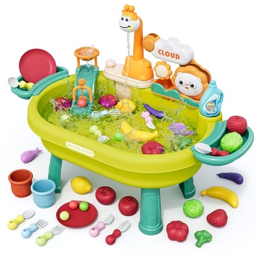 Image of 2026 New Kids Sand & Water Table Toys for Toddlers, Kids Water Park Play Kitchen Sink with Running Water,Giraffe Electric Faucet,Water Rolling Game,Detachable Legs Toddler Summer Toy for Boys Girls
