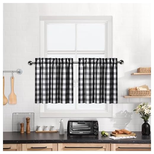 Black and White Farmhouse Gingham Tiers Kitchen Curtains 24 Inches Long, Buffalo Plaid Check Half Window Cafe Curtains for Kitchen Bathroom, 28" x 24", Black/White, Set of 2