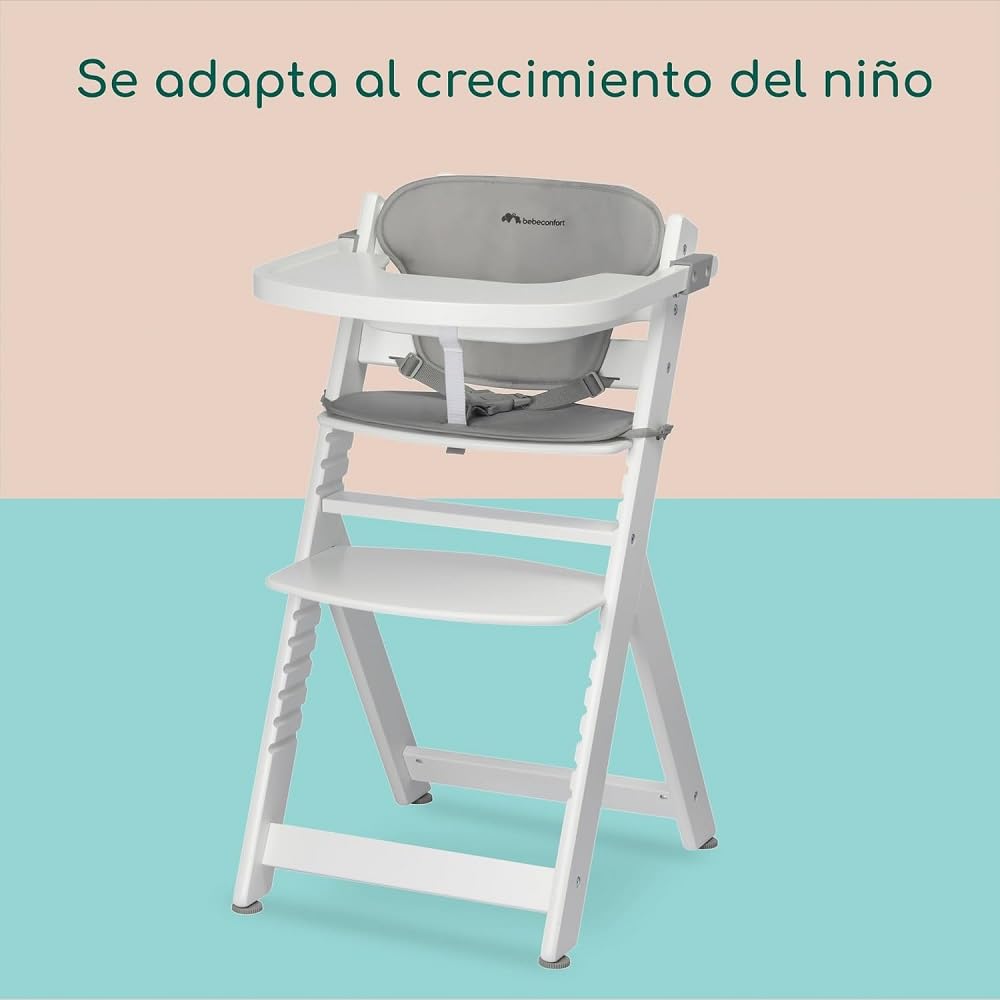 Bebeconfort Timba + Cojín, Trona de Bebé Evolutiva, 6 Meses-99 Años, hasta 110 kg, Bandeja Extraíble, Asiento/Reposapiés Regulables, Arnés Seguridad, Compatible con Timba Baby, White + Grey Mist