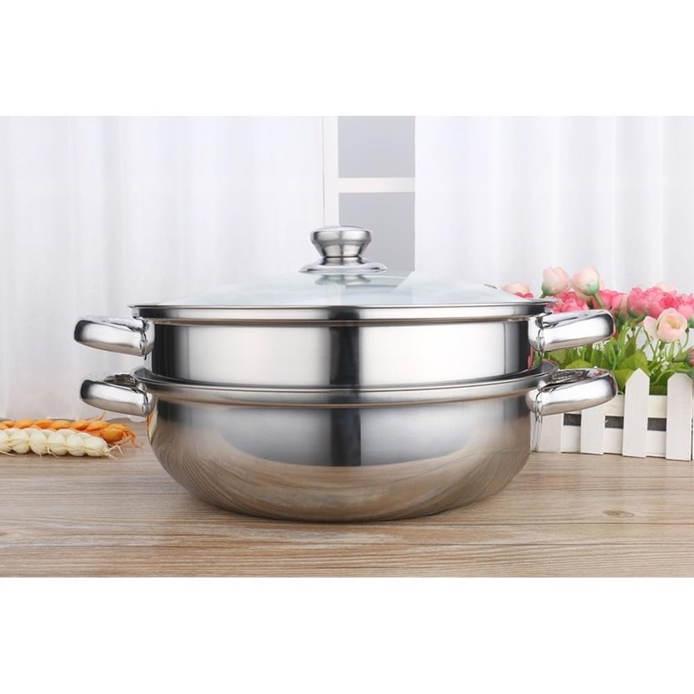 FUBESK - Pentola a vapore a doppio strato in acciaio inox con coperchio in vetro, 28 cm, per zuppe e cucina multiuso, compatibile con fornelli a gas, a induzione e alogeni