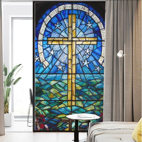 Privacy Window Film Cross Church Stained Glass Static Cling Window Treatments Window Coverings Glass Sticker Decorative Film for Siding Glass Door Home Decor 31.5