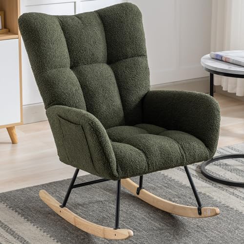 Image of Whalemon Rocking Chair Nursery, Teddy Upholstered Glider Rocker with High Backrest, Reading Chair Modern Rocking Accent Chairs Glider Recliner for Living Room, Nursery, Bedroom,Green