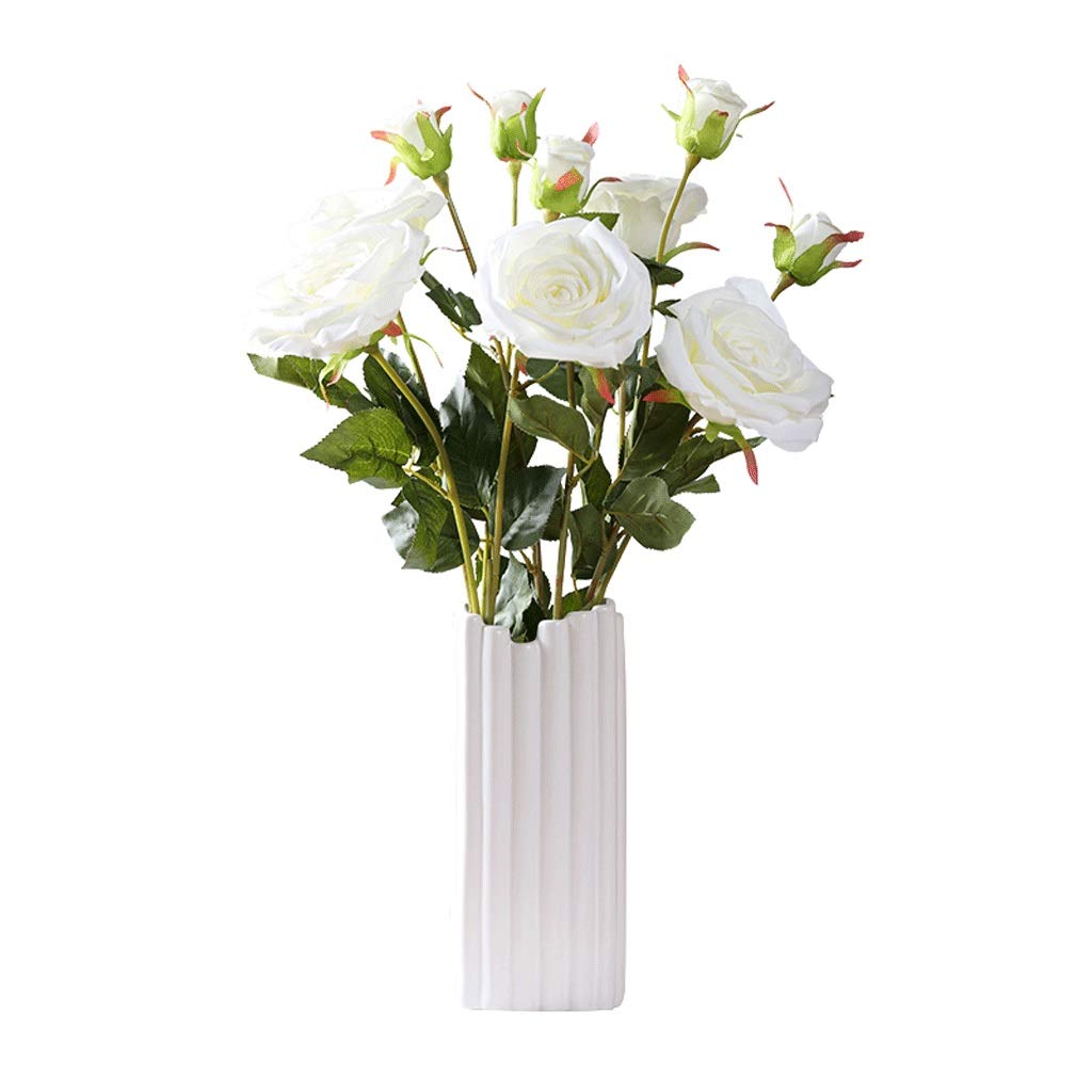IUokLU Artificial Flower in Pot Artificial Rose Bouquets with Ceramics Vase Fake Silk Rose Flowers Decoration for Table Home Office Wedding Artificial Plant Flower Arrangement (White(flower+vase))