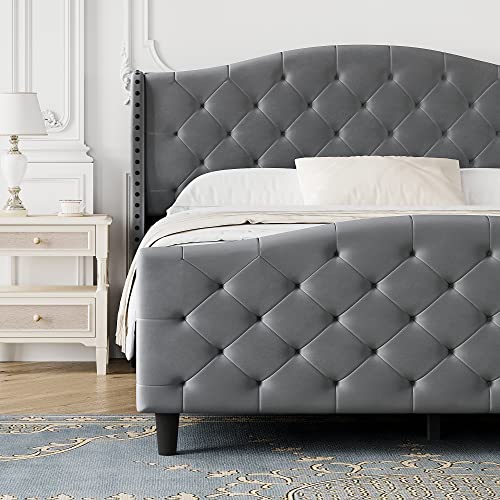 Idealhouse Modern Upholstered Queen Bed Frame,Button Tufted Headboard And Footboard Design Solid Wooden Slat Support Easy Assembly,Grey (Queen) #TOP3