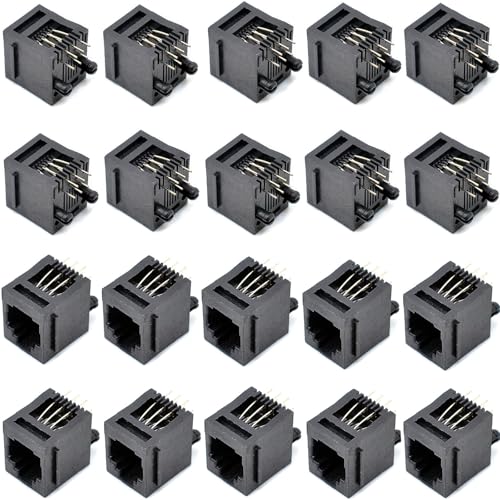Oiyagai 20-Pack Conectores RJ12 6P6C, Jack Modular 180° para PCB, Zócalo Telefónico de Datos, Plástico Negro para Equipos de Red y Comunicación