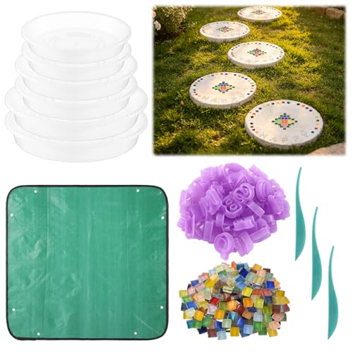6 Set Round Stepping Stone Mold Kit with Plastic Cement Molds Waterproof Mat Number Letter Stamps Mosaic Tiles and Carving Tools DIY Stepping Stone Set for Garden Walkway