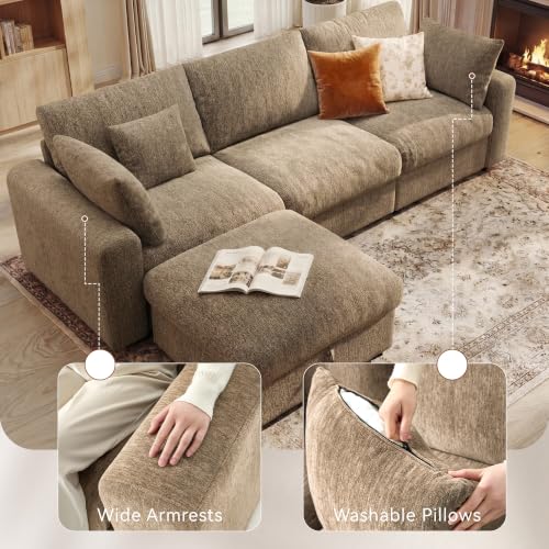 Image of Ihanherry Cloud Sectional Couches for Living Room, 110 inch Large Modular Sectional Sofa with Wide Deep Seat, L Shaped Couch with Throw Pillow and Storage Ottoman, Brown