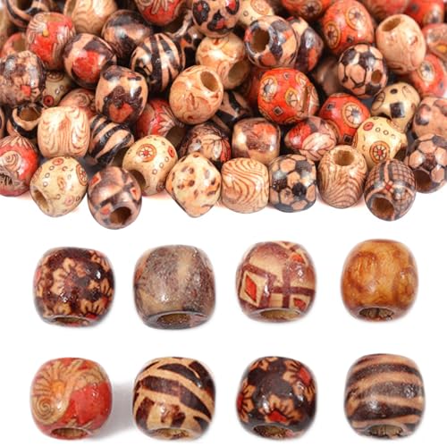 100pcs Wooden Beads 12mm Round Natural Printed Wood Bead Macrame Large Hole Beads Various Pattern Loose Spacer Hair Braid WoodBeads for DIY Jewelry Making Bracelet Necklace Hair DIY Decor