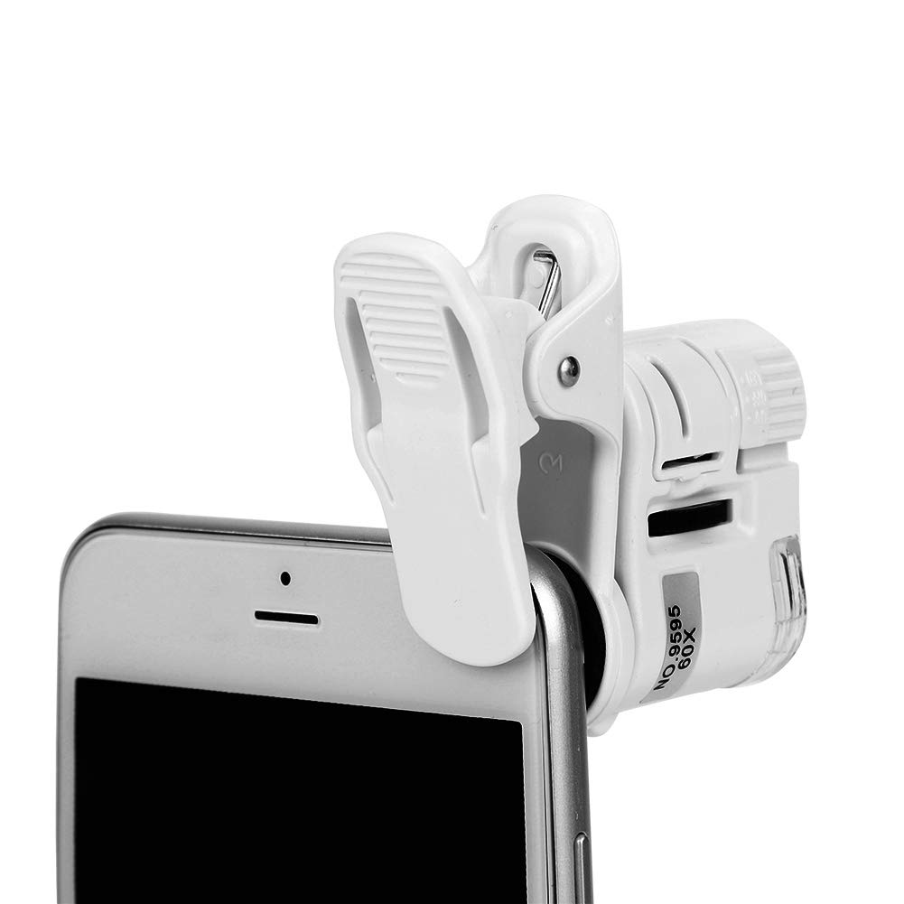 60X Phone Clip Type Microscope Magnifier Portable Mini Magnifying Loupe with LED&UV Light Universal Micro Lens Jewelry Magnifying Glass Micro Lens Zoom Camera Clip Attachment for Cell Phone and Tablet