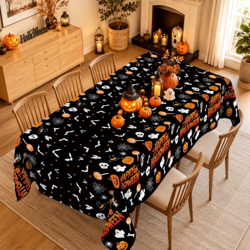 Image of Halloween Tablecloth Party Decorations - 8 PCS Happy Halloween Tablecloth Disposable, Plastic Black and Orange Pumpkin Ghost Table Cloth Cover Rectangle for Halloween Party Decor Supplies, 54 inch x 108 inch
