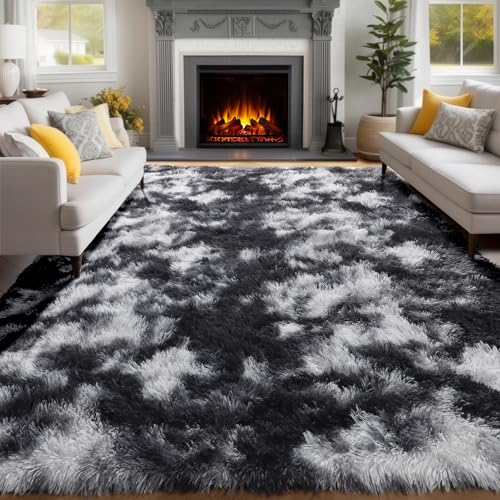 PAGISOFE Black White Grey Bedroom Rugs 4x6 Ft, Soft Fluffy Fuzzy Plush Indoor Floor Area Rug for Living Room Kids Room Playroom Dorm Home Office Nursery Men Boys Rooms Decor Carpet Aesthetic