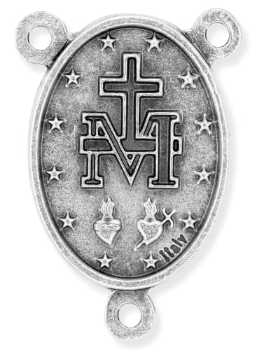 Bulk Pack Of 10 - Miraculous Medal Rosary Centerpiece 1 Inch Silver Oxidized Finish With Blue Enamel Rosary Center Pieces For Rosary Making Supplies, Made In Italy #TOP1