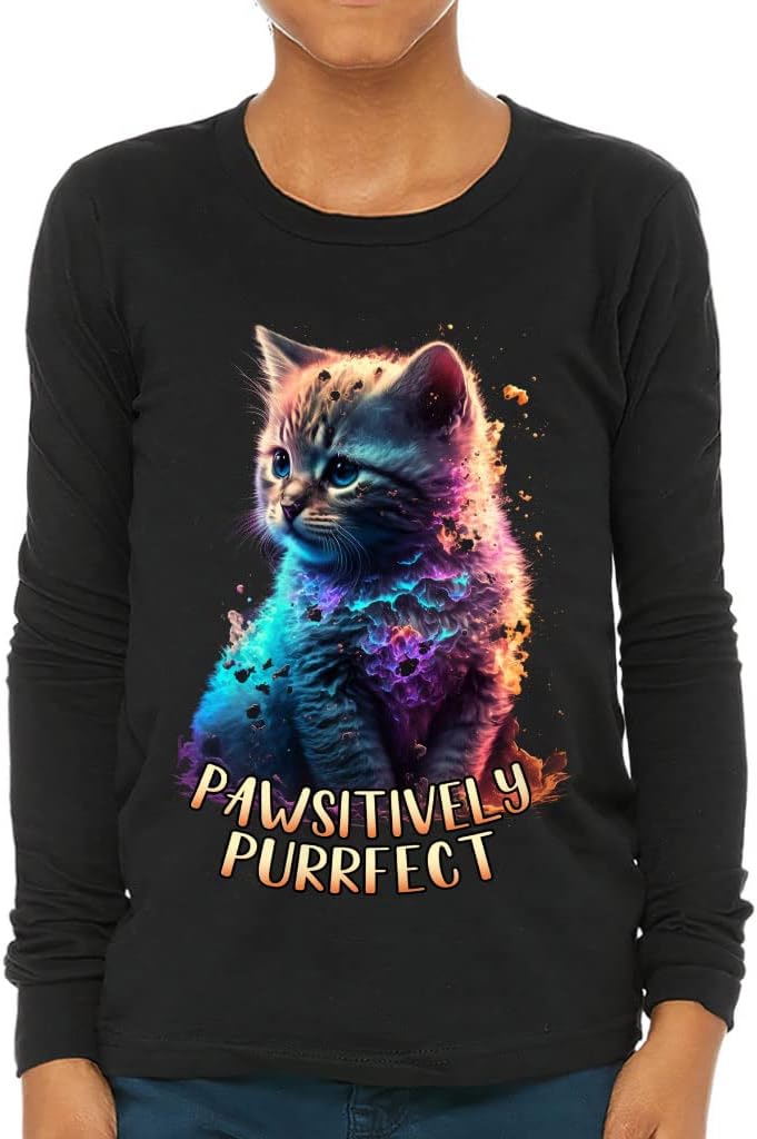 Pawsitively Purrfect Kids' Long Sleeve T-Shirt - Print T-Shirt - Cat Art Long Sleeve Tee