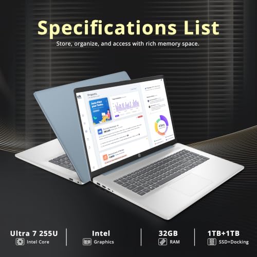 Image of HP 17.3 inch HD+ Touchscreen Laptop, Intel Core Ultra 7 255U, 32GB RAM, 2TB Storage (1TB SSD+1TB Docking Station), Intel Graphics, Backlit Keyboard, Webcam, Wi-Fi 6, Win 11 Pro, Moonlight Blue