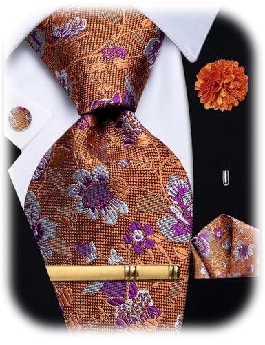 Image of YourTies Silk Paisley Floral Tie and Pocket Square Cufflinks with Lapel Pin Sets for Men 5PC Wedding Party