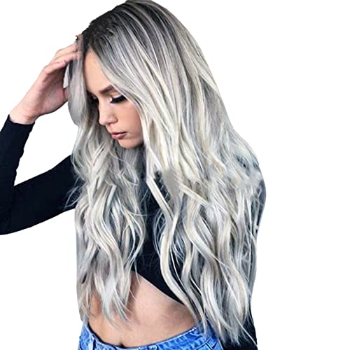 Pelucas Onduladas para Mujer, Pelucas de Disfraz Gris Plateado, Pelucas Onduladas de Moda Ombre Black Mix Grey Hair con Gorro de Peluca, Pelucas Rizadas Degradadas Sintéticas Cover