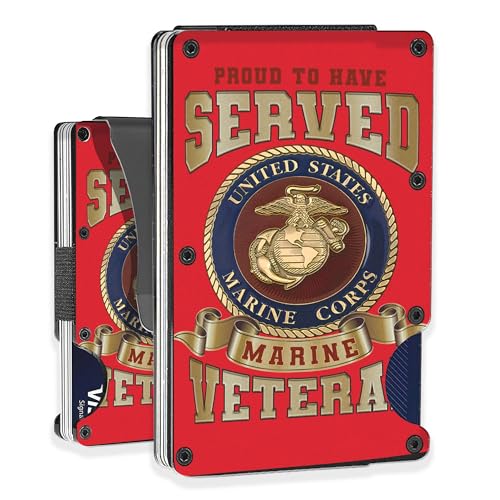 Slim Wallet With Money Clip, Personalized Engraved Marine Veteran 'Proud To Have Served' Metal Wallet Card Holder Metal Aluminum Wallet, 3.35 x 2.13, Black, MWL0001