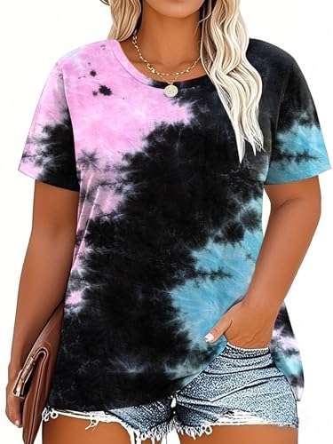Image of VISLILY Plus-Size-Tops for Women Casual Short Sleeve T Shirts Trendy Tie Dye Crewneck Tees Comfy Loose Fit Tunics XL-5XL