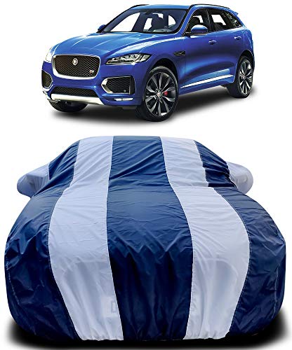 Image of PURPLEHEART Car Body Cover Compatible with F-Pace with Mirror Pocket Triple Stitched Bottom Elastic Water Resistant UV Protection & Dustproof Car Cover-Blue & White