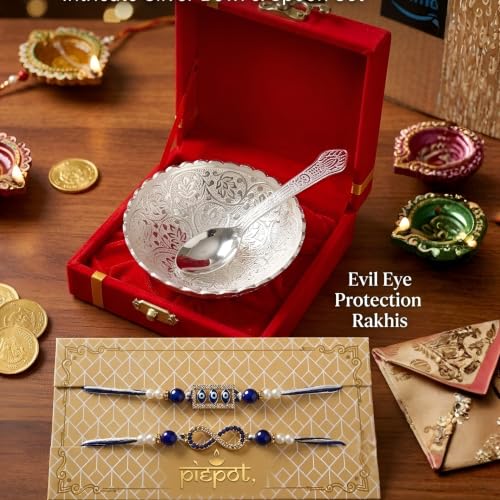 Image of Rakhi for Brother, Rakhi Gift Set for Brother, German Silver Bowl and Spoon with Designer Rakhi, Premium Raksha Bandhan Gift Hamper, Velvet Gift Box, Festive Gift