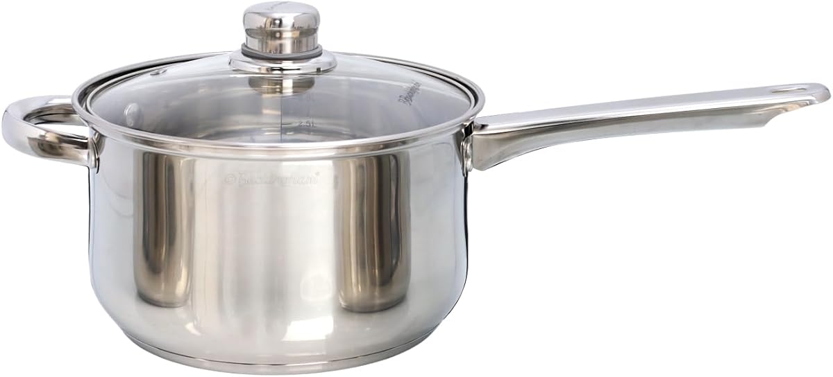 Buckingham Deep Saucepan with Tempered Glass Lid Premium Stainless Steel Cooking Pot Suitable All Heat Source Including Induction 20Cm 3.8 litres