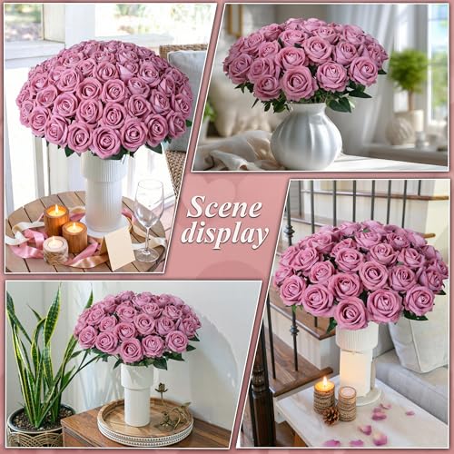Image of 50 PCS Dusty Roses Artificial Flowers, Fake Roses with Stem Realistic Silk Roses for DIY Wedding Bouquets Tables Centerpieces Arrangements Baby Shower Birthday Home Decor Valentine's Day Gift for Her