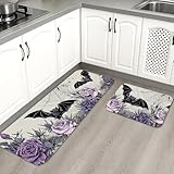 Bat and Flower Kitchen Mats for Floor, Gothic Floral Soft Mats, Cushioned Comfort Washable Non Slip Decor Rugs for Kitchen Sinks Laundryroom Bathroom 2PCS