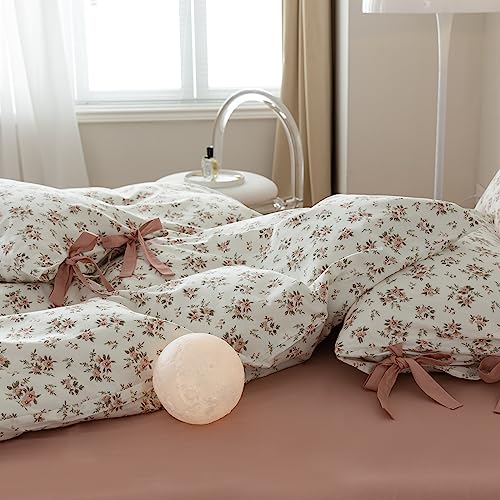 VM VOUGEMARKET Pink Flower Duvet Cover Set Twin 3 Pieces Girls Cottagecore Bedding Set 100% Cotton Peach Floral Comforter Cover with Zipper Closure,Vintage Country Bedding-68x86 Inch