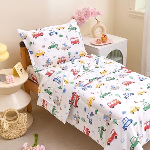 Image of Caressma White Cars 4 Pieces Toddler Bedding Set Bed-in-a-Bag Comforter