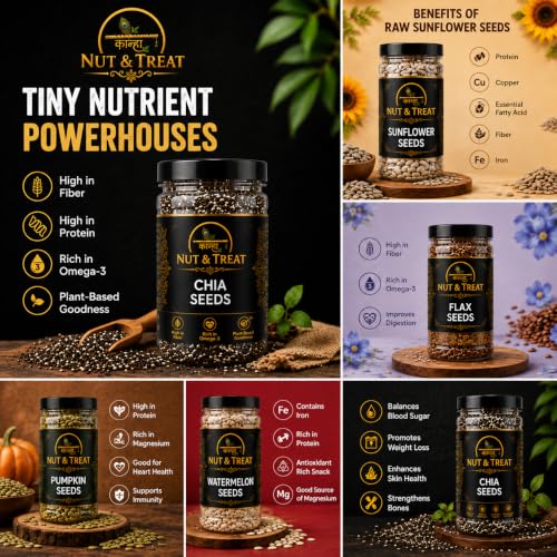 Image of KANHA NUT & TREAT 5-in-1 Super Seeds Combo 925g | Chia, Flax, Pumpkin, Sunflower 200g & Watermelon Seeds 125g | Natural Seed Mix | Source of Protein, Fiber & Omega-3 | Perfect for Snacking, Breakfast, Salads & Smoothies