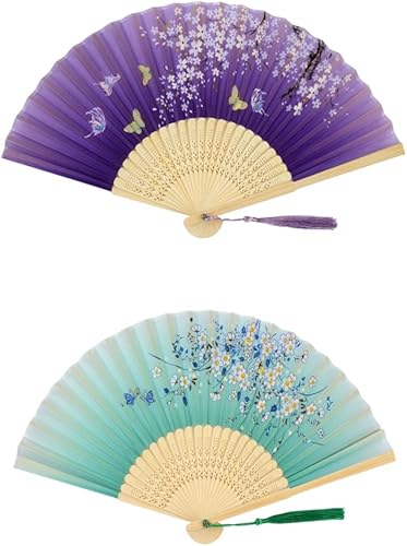 Abanico plegable floral de bambú estilo chino, 2 unidades, abanicos de mano plegables de seda vintage, abanicos de mano de bambú ahuecados para disponible en Yaxa Peru