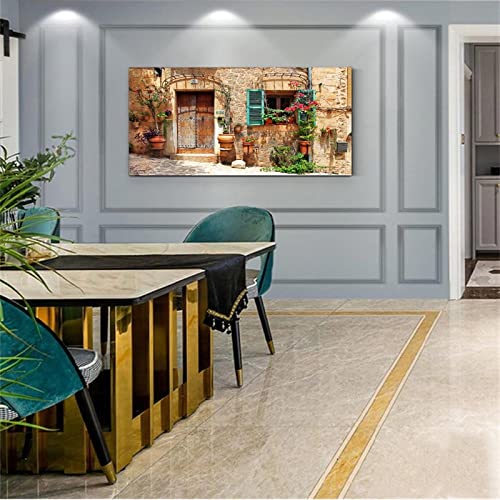 Wall Art Street Italy Tuscany Town Old Mediterranean Door And Window Floral Painting Print On Canvas Canvas Painting Posters And Prints Wall Art Pictures For Living Room Bedroom Decor 24X48Inch(60X12 #TOP2
