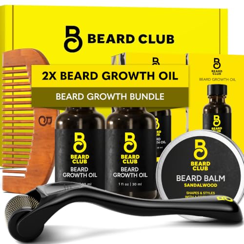 The Beard Club Enhanced Beard Growth Kit - Derma Roller, Beard Growth Oil (2PK), Sandalwood Beard Balm, Comb - Gift Set