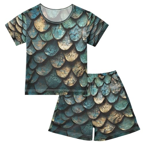 ALAZA Dragon Scale Blue Green Gold Pajamas Set Short Sleeve Cotton Sleepwear Summer Pjs 2 Piece 5-14Y