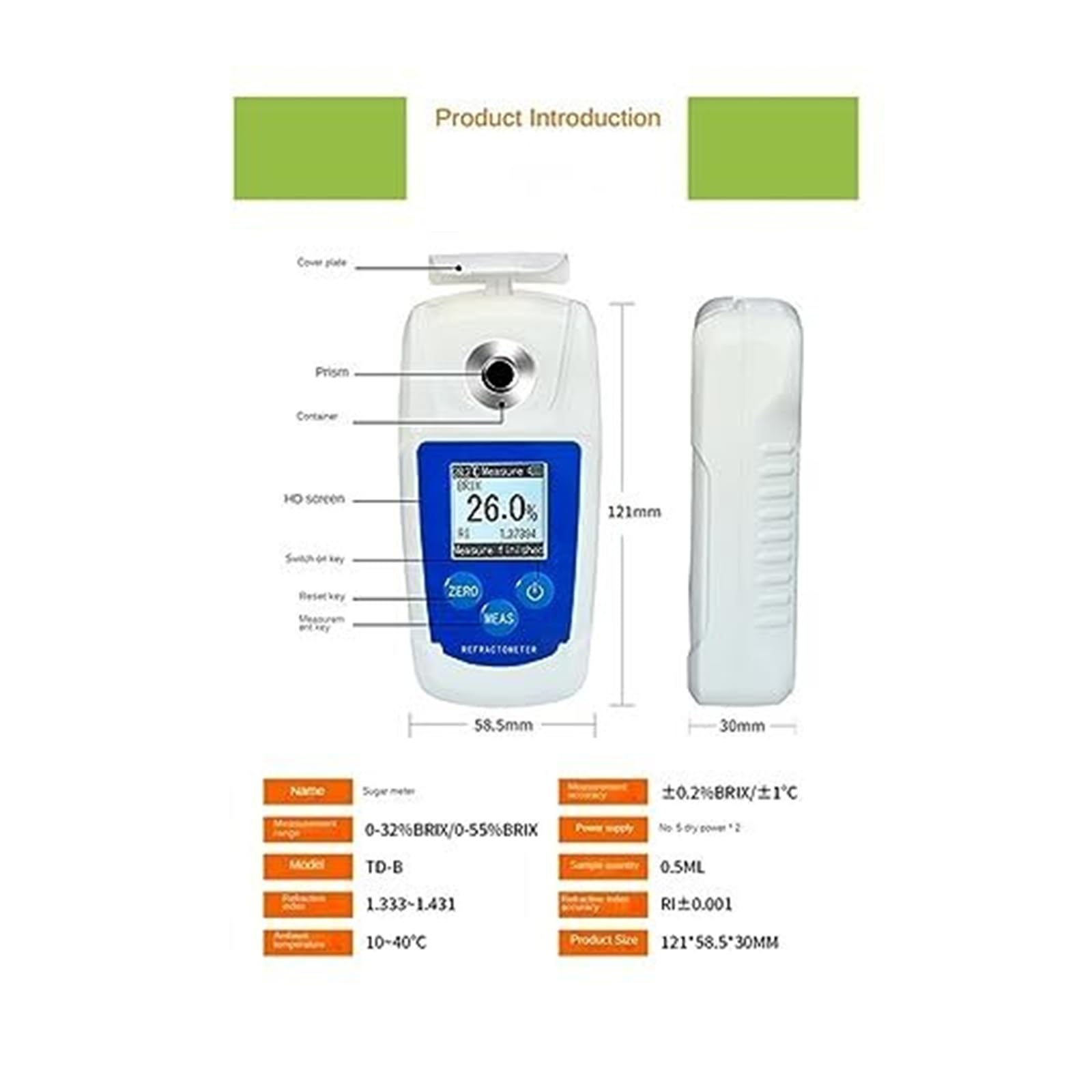 Refractómetro digital for jugos y bebidas, rango de medición 0 55% fácil usar