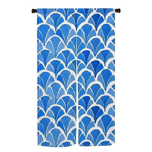 Qinunipoto 波模様 青色 波柄 和風 シンプル風 暖簾 幅72×丈120cm インテリア 目隠し おしゃれ すだれ 遮光 部屋 間仕切り ロング カーテン 麻調ポリエステル製 オーダー可 冷/暖気遮断 簡単取付 リビング 玄関/キッチン/お風呂/