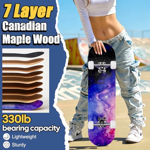 Image of Skateboards for Beginners Adults Youths Teens Kids Girls Boys 31 Inch Pro Complete Skate Boards 7 Layer Canadian Maple Double Kick Concave Longboards