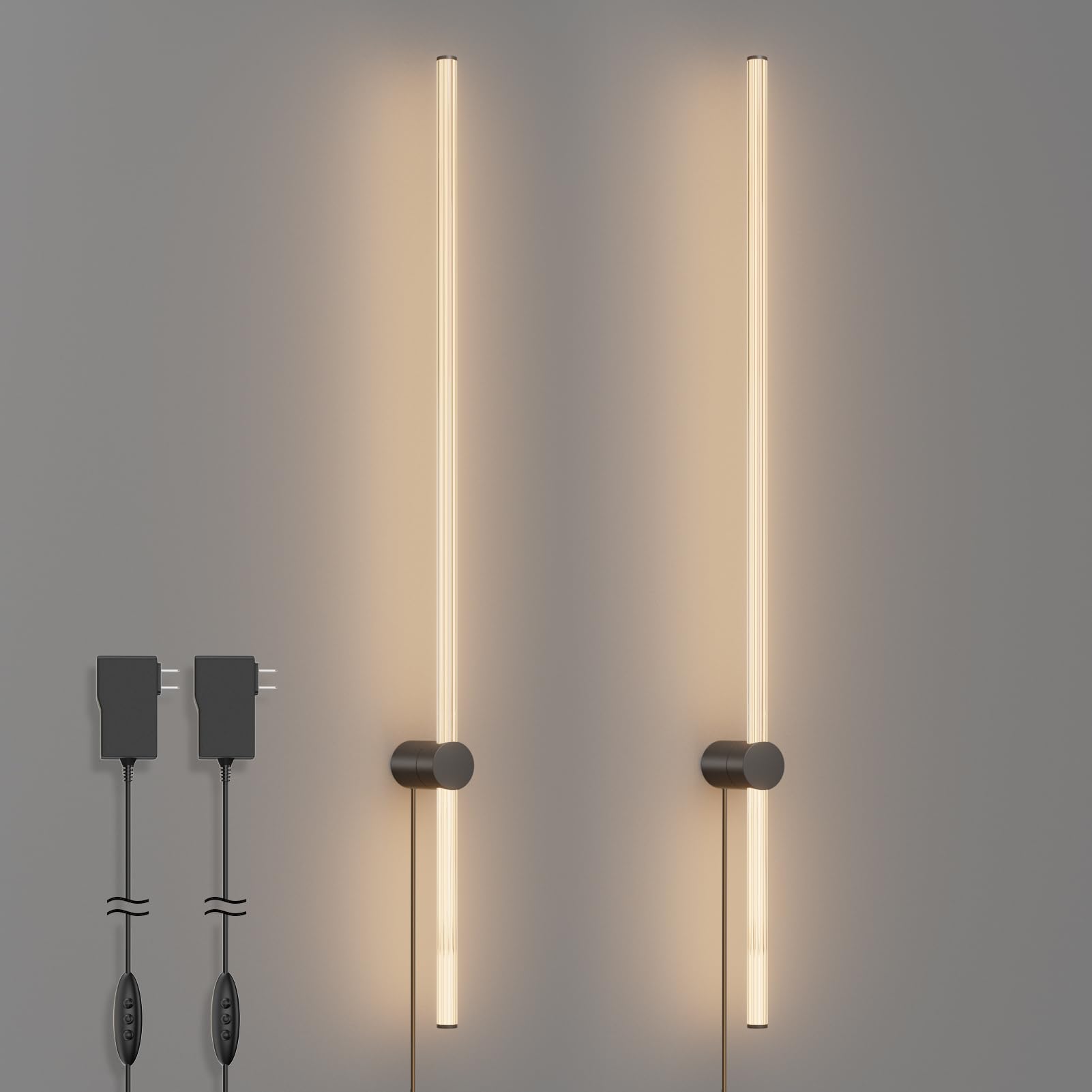 Aoceley 2-Pack 47.2 Inches Plug in LED Wall Sconce,30W 3000K Long Tube Wall Lamp with Acrylic Lampshade,Stepless Dimming Black Wall Light Fixture for TV Side Living Room Bedroom